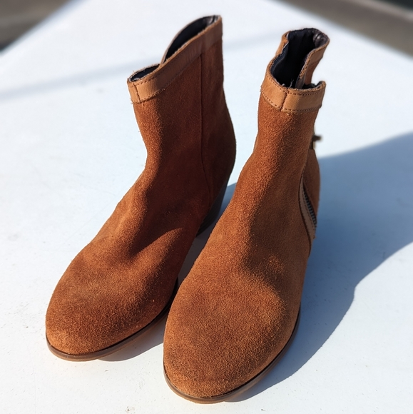 Miista | Boots Suede Side Zip Bootie Low Heel 38|7.5 Cognac Camel Spain - Picture 3 of 8